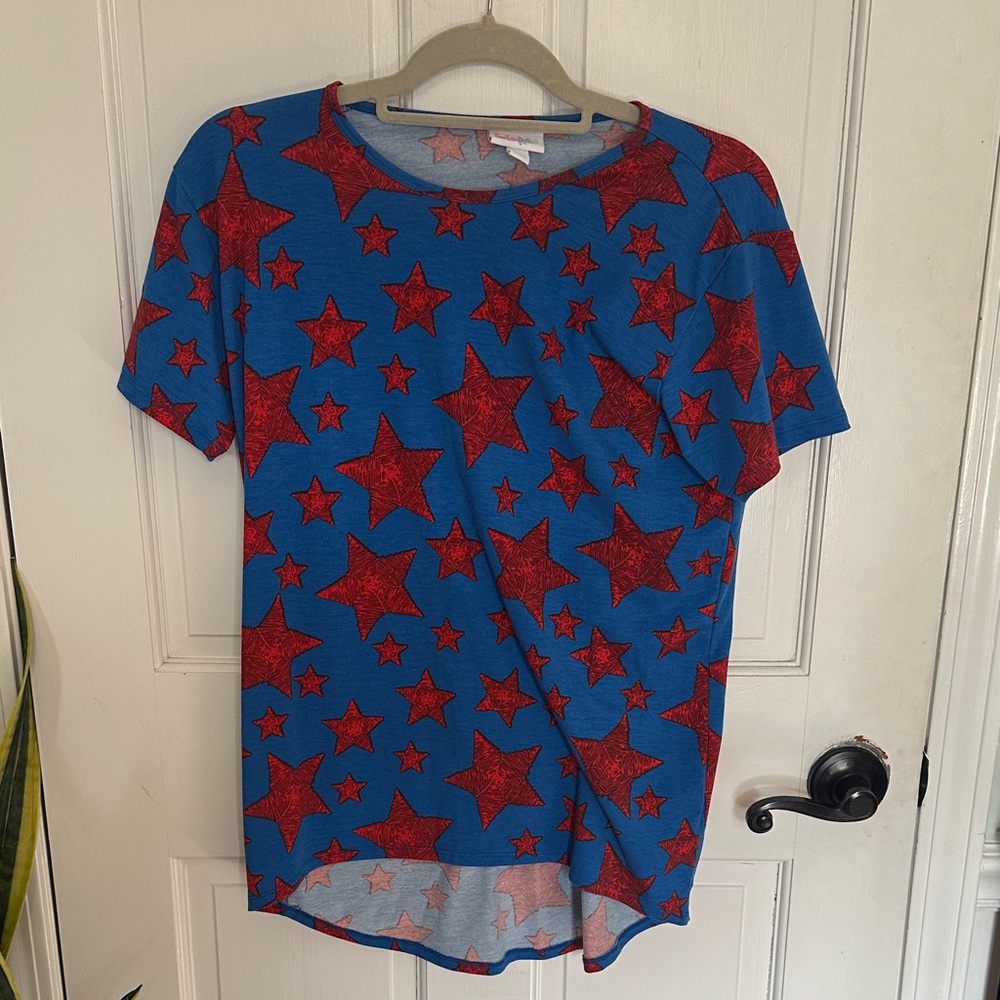 LuLaRoe Kids Blue Tee with Red Star Pattern